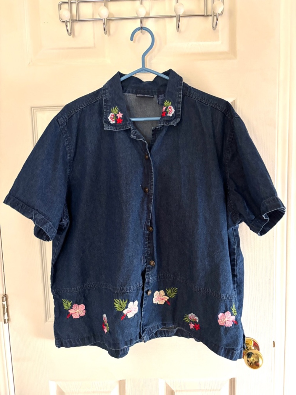 Denim Short-Sleeve Embroidered Shirt